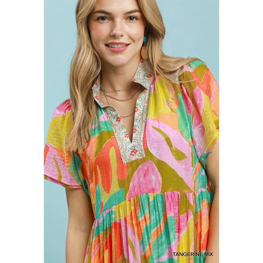 Umgee Abstract Tropical Print Tiered Midi Dress - Tangerine Mix - Large - Picture 5 of 5